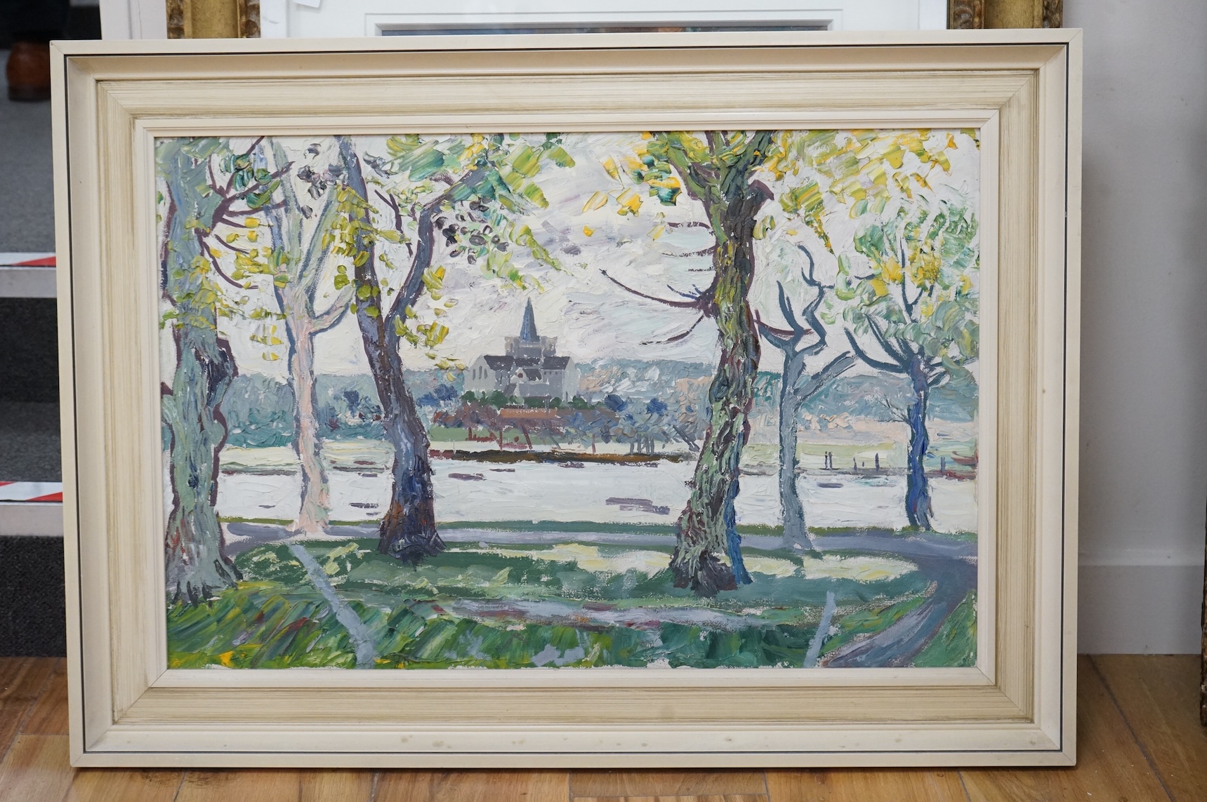 J C V Brooks, Riverscape with church beyond, signed verso, impasto oil on canvas, 44 x 67cm